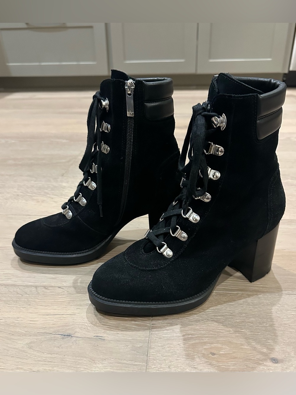 Aquatalia Iriana Suede Block Heel Combat Boot in Black. Size 8.